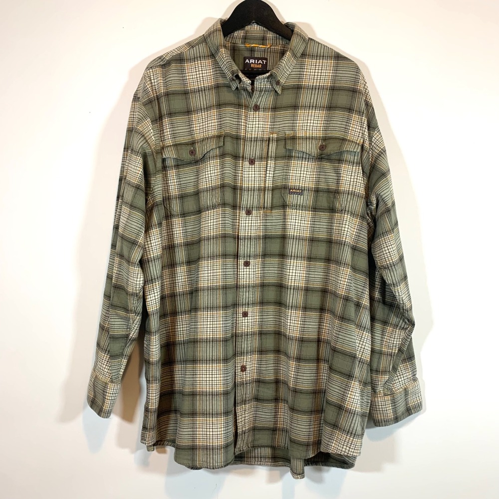 Ariat Rebar Mens Work Shirt XXL Green Flannel Cotton DuraStretch Button Down